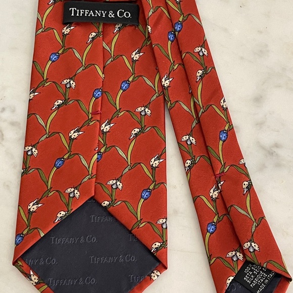Tiffany & Co Rust Red Ladybugs Blue and Red Pattern Tie - Picture 3 of 5